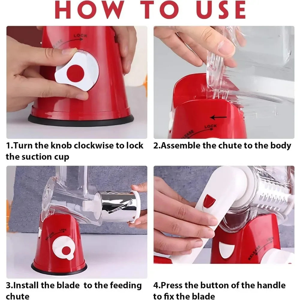 Manual 3‑in‑1 Vegetable Cutter & Drum Grater – Multifunctional Slicer