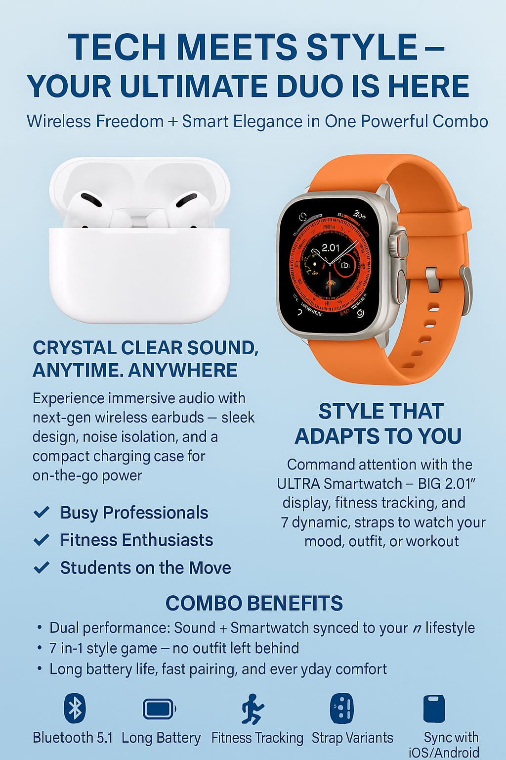 AirPods Pro 2 + Ultra 7-in-1 Smartwatch Combo | Premium Audio & Smart Fitness Bundle