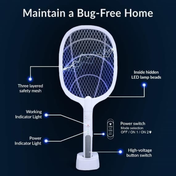 Rechargeable Mosquito Racket with Stand | Electric Insect Killer Bat for Indoor & Outdoor Use